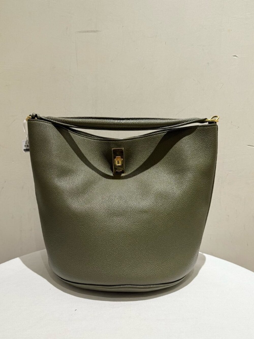 Celine Bucket 16 Olive Green Grain Cowhide Leather Bucket Bag